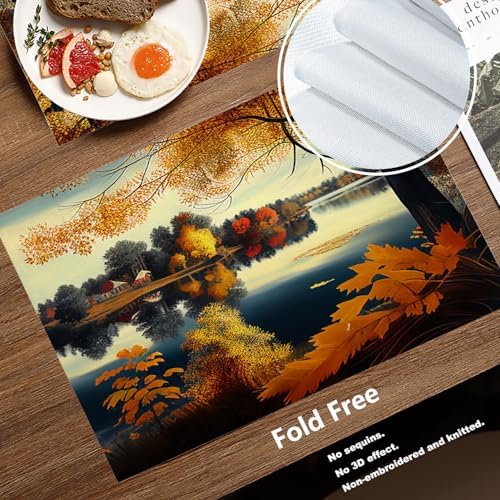 Batmerry Autumn Lakes Woods Linen Placemats Set of 4, Maple Leaves Scenery Art Washable Table Mats for Kitchen Table Thickened Heat Insulation Dining Set Indoor Outdoor 12X18 in