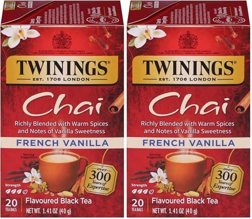 Twinings French Vanilla Chai Black Tea Individually Wrapped Bags, 20 Count (Pack of 2), Warm, Sweet & Spicy, Caffeinated, Enjoy Hot or Iced, 20 Teabags