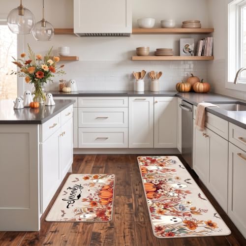 Halloween Kitchen Mats, Pumpkin Ghost Floral Kitchen Rugs