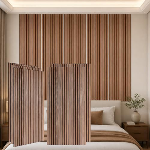 5 Pack Large Wood SlatWall Acoustic Panels for Wall 47.2 x 23.6 x 0.4 Inch Soundproof Absorbing Decor Panel Wood Veneer Panels for Living Room Bedroom Home Studio Office Decor(Wooden Stripes, 5 Pack)