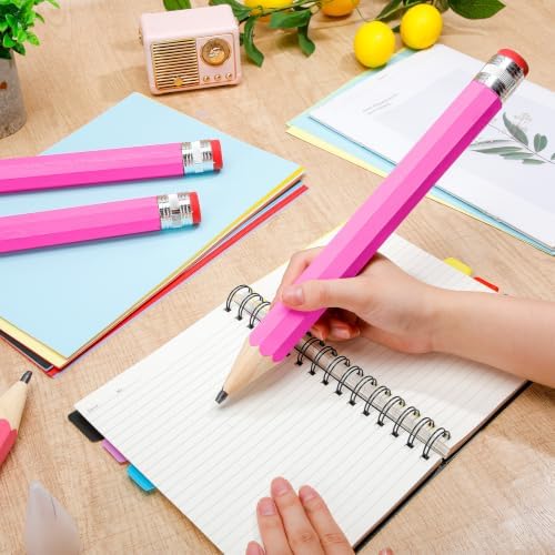 Tinlade 6 Pcs Wooden Jumbo Pencils for Prop, Funny Huge Pink Giant Pencil 14 Inch for Home and School Supplies, Kids, Preschoolers