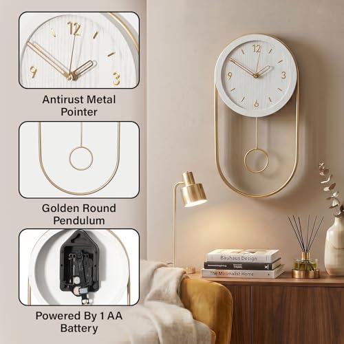Clockswise 16-Inch Decorative Wall Clock Step Movement Mechanism Metal Frame Wooden Dial and Pendulum Design Battery-Operated Timepiece for Living Room Hallway or Office Décor, White