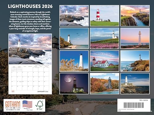 Lighthouse Calendar 2026 Wall 12 Month Monthly Scenic Souvenirs Themed Gifts | American Made In The USA