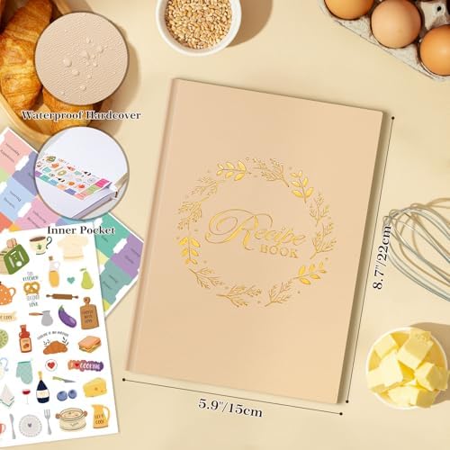 Lanpn A5 Blank Recipe Book Cookbook to Write in Your Own Recipes, Leather Cover Waterproof Empty Cooking Journal for 70 Recipes, Recipe Notebook with Stickers to Organize Your Family Recipes, Oat