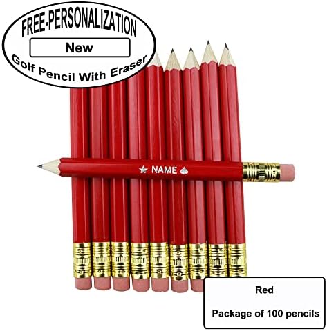 EZPENCILS & GIFTS - Golf Pencils Tipped with Eraser (1/2 a Pencil - Pew Pencils) - Red Colored Barrel - FREE-PERSONALIZATION - 2HB Black Lead - Custom Text - Non-Smear Eraser – Package of 100