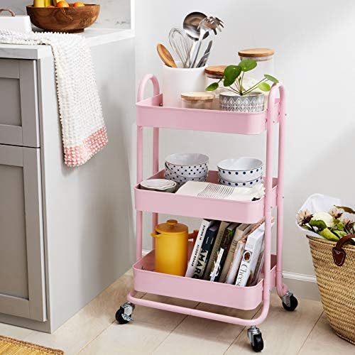 Amazon Basics 3-Tier Rolling Utility or Kitchen Cart, Lockable Wheels, Multifunctional Storage, Metal Storage Organizer, Portable, Dusty Pink