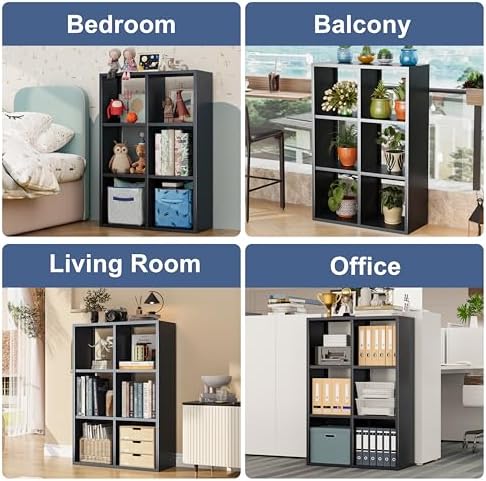 6 Cube Organizers and Storage, Open Shelf Storage, Includes 4 Corner Bumpers, Space-Saving Vertical Storage for Living Room, Home Office, 41.7" H x 27.6" W x 11.8" D, Black