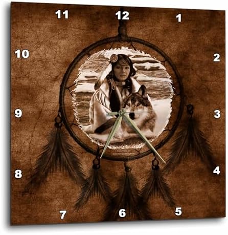 3dRose DPP_52256_3 Brown Native American Wolf Based on a Painting by Martin Basmajian Wall Clock, 15 by 15-Inch