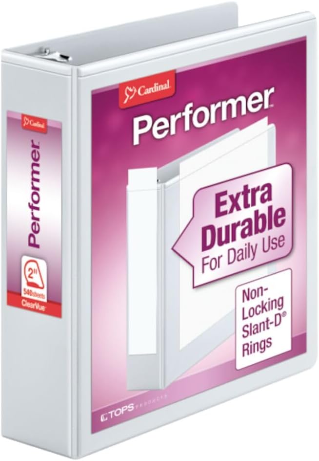 Cardinal Performer 3-Ring Binder, 2", Non-Locking Slant-D Rings, 540-Sheet Capacity, ClearVue Presentation Binder, Nonstick, PVC-Free, White (17500)