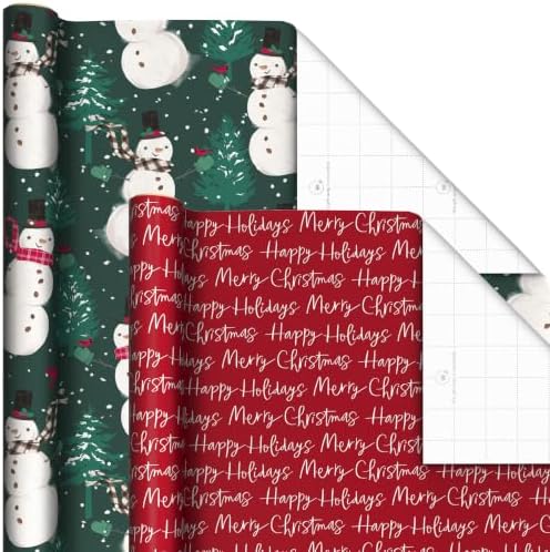 Hallmark Rustic Recyclable Christmas Wrapping Paper (6 Rolls: 180 Sq. Ft. Total) Red, White and Hunter Green Plaid, Poinsettias, Snowflakes, "Merry Christmas," Snowman, Santa