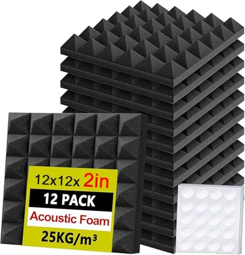 Foneso 12 Pack Sound Proof Foam Panels for Walls, 12''x12''x2'' Acoustic Foam Panels with Self-Adhesive, High Density Pyramid Sound Absorbing Padding for Sound Studio, Podcast Recording and Offices