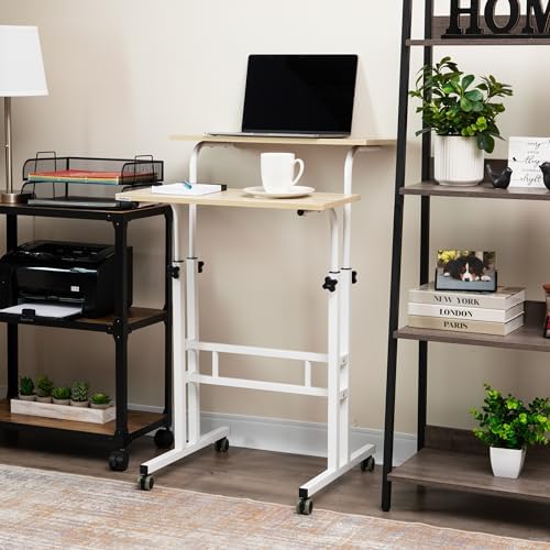 Mind Reader Standing Desk, Adjustable Height Laptop Workstation, Portable Rolling Desk on Wheels, Two-Tier Metal Frame, White