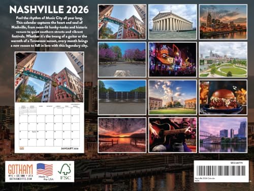 Nashville Calendar 2026 Wall 12 Month Monthly TN Scenic Souvenirs Tennessean Themed Gifts | American Made In The USA