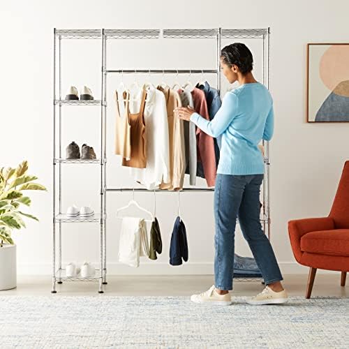 Amazon Basics Expandable Adjustable Metal Closet Organizer with Hanging Rod, Clothes Rack, Shelves, 57-80 x 14 x 72 inches (LxWxH), Chrome