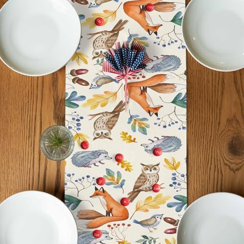 Fall Table Runner Autumn Animal Table Runners Harvest Thanksgiving Owl Bird Fox Leaves Cotton Linen Dresser Scarf Kitchen Dining Table Decor for Autumn Holiday Party Coffee 13x60 Inch