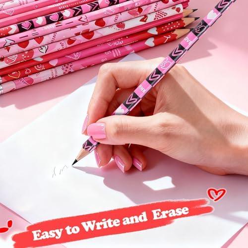 240 Pcs Valentine Pencils Bulk with Erasers, 12 Unique Heart Themed Design for Valentine Goodies Prize Gift Favor Party Supplies