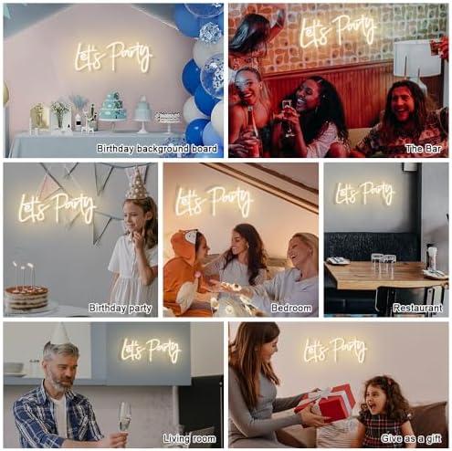 Lets Party Neon Sign with Dimmable for All Partys,17x7.5inch, Neon Lights for Wall Decor, Birthday, Wedding, Bachelorette Party, Valentine's Day Gifts Let's Party Neon Lights with 5V USB Cable, Warm White Cheers Sign