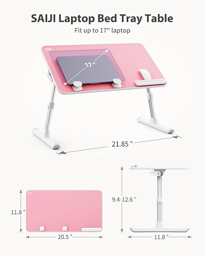 SAIJI Height & Angle Adjustable Laptop Stand for Bed, Lap Desk Tray Table | Light Weight Foldable Portable Laptop Table for Couch Sofa Chair Floor Desk for Adults, Kids (Pink)