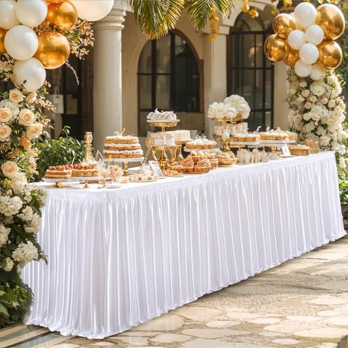 Wish Care 17ft White Satin Long Table Skirt for Rectangle Tables Wrinkle Free Teacher Desk Skirt Glitter Ruffle Table Skirting Cloth for Office Wedding Birthday Baby Shower Party Banquet Table Decor