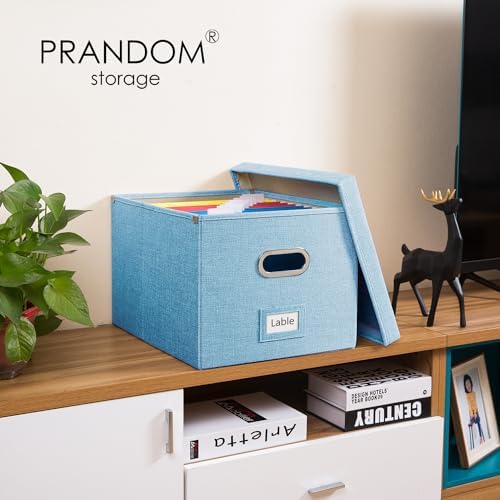 PRANDOM File Organizer Box - Set of 4 Collapsible Decorative Linen Filing Storage Hanging File Folders with Lids Office Cabinet Letter/Legal Size Blue 17.1x14x11.1 inch