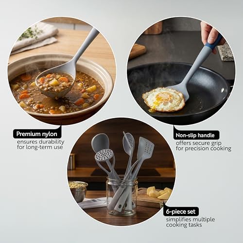 Restaurantware Silicone Utensil Set Pack of 1 Non-Slip Handle 6-Piece Nylon Kitchen Tool Set, Heat-Resistant Dishwasher-Friendly Cooking Accessories, Durable Gray and White Cooking Utensils