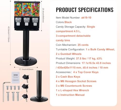 VEVOR Commercial Vending Machine, Triple Compartment Candy Dispenser with Iron Stand, Gumball and Candy Machine for Business, Coin Operated Gumball Bank for Toy Capsules Bouncy Balls Candy Nut, Black