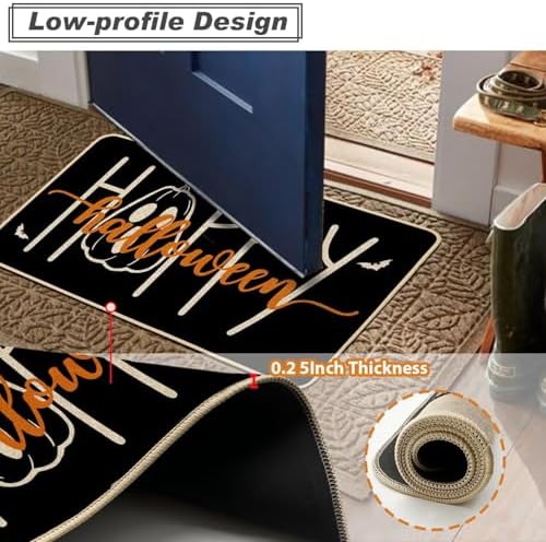 Baccessor Happy Halloween Kitchen Mats Set of 2, Spooky Pumpkins Bats Black Kitchen Rugs for Floor Low-Profile Farmhouse Fall Halloween Party Home Decor 17x29 and 17x47 Inch
