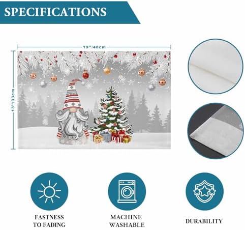 Christmas Gnome Placemat 1PC, Winter Merry Christmas Tree Balls Heat Resistant Washable Table Place Mats Grey Cotton Table Linens Party Holiday Decor for Kitchen Dining Outdoor Indoor