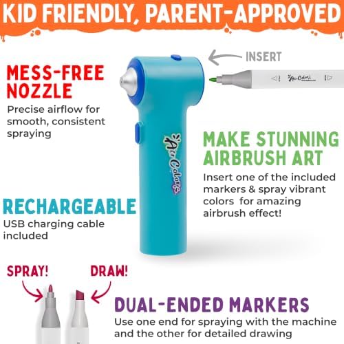 Air Color Airbrush Marker Kit for Kids, Cordless and Rechargeable Air Brush Set Includes 10 Washable Markers, 86 Stencils, Charging Cable, Arts &Crafts Gift Set for Painting, Coloring, School Projects