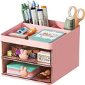 Marbrasse Small Desk Organizer with Drawer, Multi-Functional Pen Pencil Holder Storage Box, Desk Organizers and Accessories with 3 Compartments + 2 Drawer for Office Art Supplies(Pink)