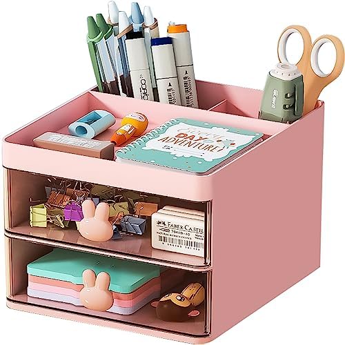 Marbrasse Small Desk Organizer with Drawer, Multi-Functional Pen Pencil Holder Storage Box, Desk Organizers and Accessories with 3 Compartments + 2 Drawer for Office Art Supplies(Pink)