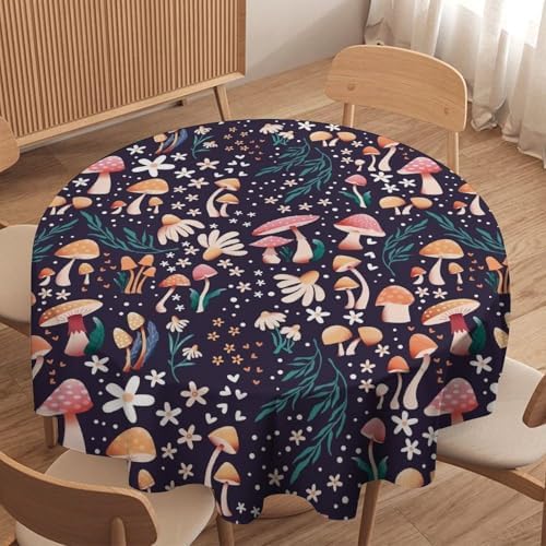 Retro Mushroom Tablecloth, Cartoon Forest Mushroom Florals Leaves Woodland Garden Table Cloth for Kitchen Dining Coffee Table Outdoor Party Decor, 60x60in