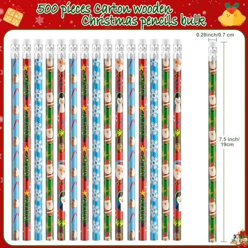 Zuazaor 500 Pieces Christmas Pencils With Erasers in Bulk - Cute Wooden Pencils for Office School Supplies and Kids (Christmas)