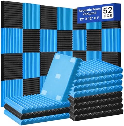 52 Pack Acoustic Foam Panels 1" x 12" x 12"Acoustic Wedge Studio Foam Sound Absorption Wall Panels (Black/Blue)