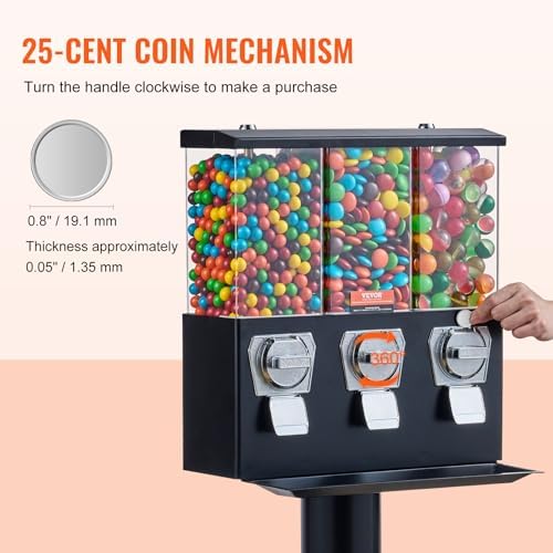 VEVOR Commercial Vending Machine, Triple Compartment Candy Dispenser with Iron Stand, Gumball and Candy Machine for Business, Coin Operated Gumball Bank for Toy Capsules Bouncy Balls Candy Nut, Black