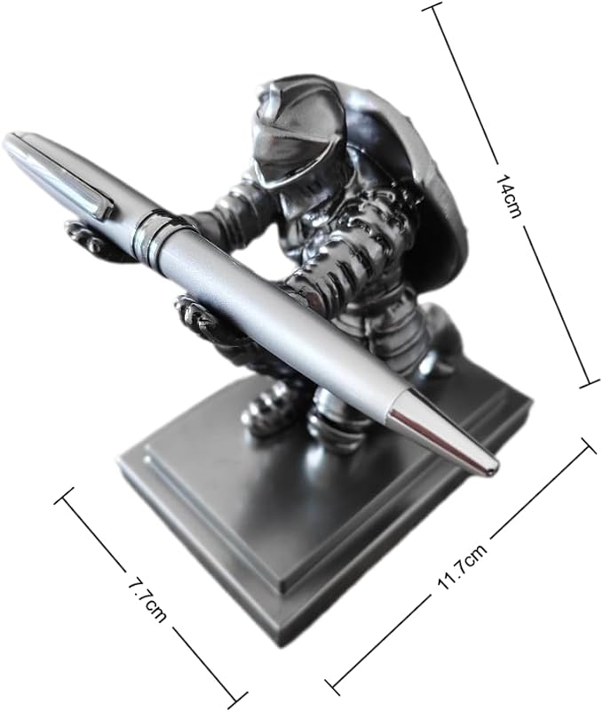 King's Guard Knight Pen Holder with Rollerball Pens, Medieval Warrior Desktop Organizer, Gothic Metal Desk Accessory Set, Silver Gift for Men