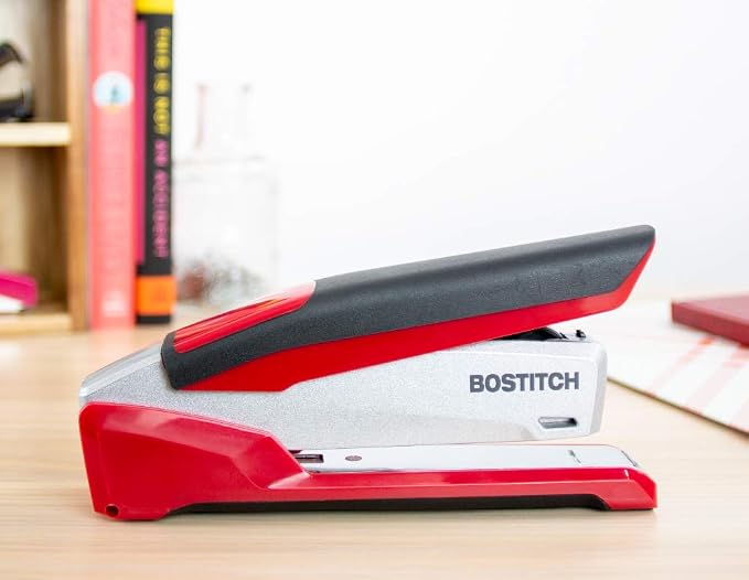 Bostitch Office InPower Spring-Powered Premium Desktop Stapler - One Finger, No Effort, Red/Silver (1117)