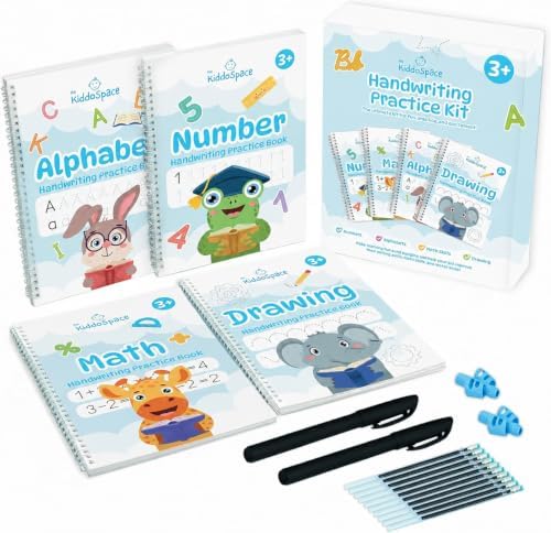 Kiddospace Magic Grooved Writing Practice for Kids Ages 3-8 - 4 Large Reusable Handwriting Workbooks - Alphabet, Numbers, Math & Drawing - Grooved Tracing Books with Disappearing Ink Pen Included