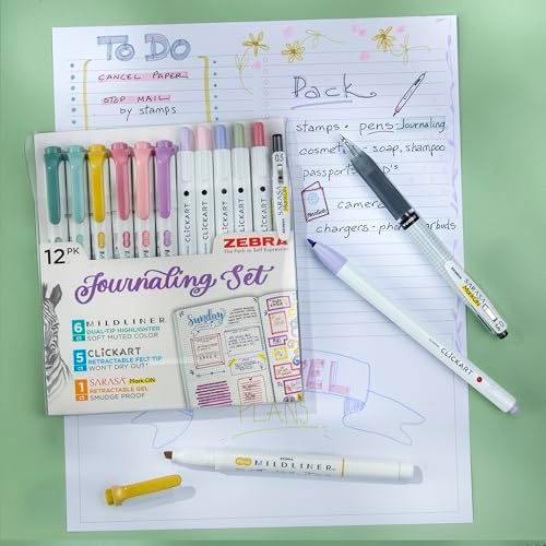Zebra Pen Journaling Set, MILDLINER, CLiCKART & SARASA, Assorted, 12-Pack