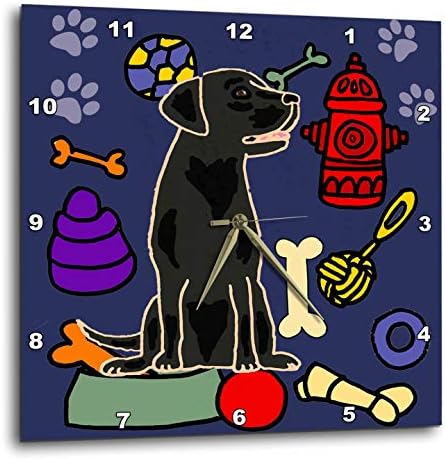 3dRose Wall Clock Silent - 13 inch - Funny Cute Black Labrador Retriever Puppy Dog and Dog Toys Cartoon - Pets