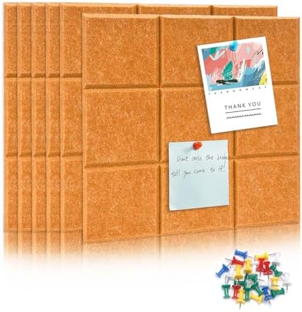 6 Packs Cork Board Felt Board Tiles, Bulletin Board 12"X12" with 30 Push Pins, Felt Board for Home Kitchen Office Decor, Self-Adhesive Corkboard Tiles for Walls School Message Display Board-Orange-2