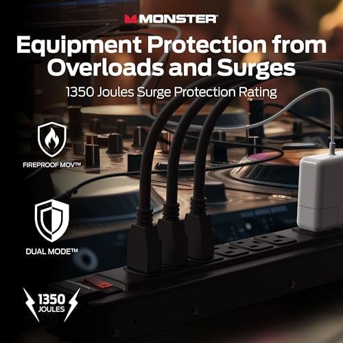 Monster Pro MI Professional Surge Protector Power Strip with Fireproof MOV Technology for Computers, Amplifiers, Pedal Boards, and Pro Audio Gear