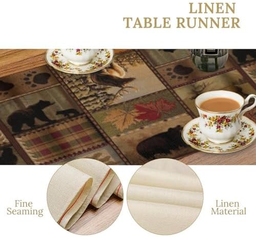 Rustic Bear Table Runner, Vintage Cottage Country Style Pine Tree Elk Wildlife Dinner Runner for Home Kitchen Dining Table Decoration 13"x90"