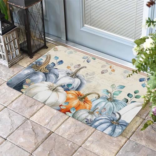 Fall Door Mat Blue Pumpkin Doormat Eucalyptus Leaves Branch Harvest Thanksgiving Welcome Mat Non Slip Rubber Entryway Front Rug Floor Mat for Indoor Outdoor Kitchen Autumn Holiday Home Decor 16x24