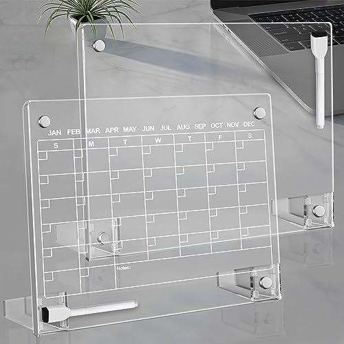 2PCS Clear Acrylic Calendar Dry Erase Board with Stand for Desk, 16x12 Large Desktop Monthly Whiteboard Magnetic Memo Board for Fridge, Office, School, Home