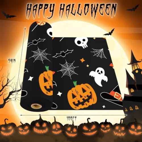 CXPSINC 54 Inch X 100 Feet Plastic Table Cover Roll Disposable Halloween Tablecloth with Slide Cutter Pumpkin Ghost Plistic Table Covers for Halloween Party Decorations((Pumpkin Ghost, 100 Feet)