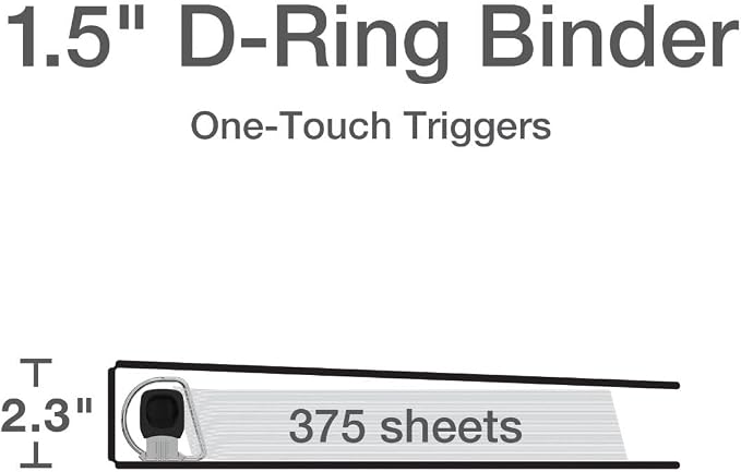 Cardinal 3 Ring Binder, 1.5 Inch Premier Easy Open Binder, ONE-TOUCH Locking Slant-D Rings, 400-Sheet Capacity, ClearVue Cover, PVC-Free, Black (10311)