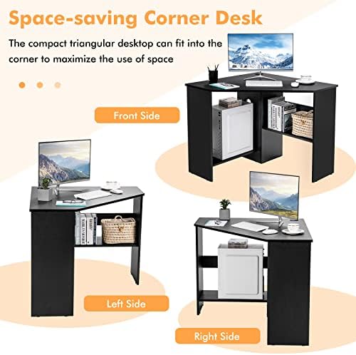 COSTWAY Corner Computer Desk, Space-Saving Triangular Writing Desk w/ 2 Storage Shelves & 2 Cable Holes, Multi-Functional Console Table for Small Space in Home Office, Living Room, Bedroom (Black)