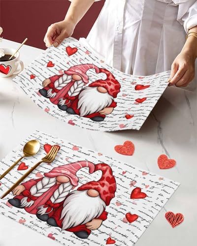 Valentine's Day Placemats Set of 4, Gnome Couple Place Mats Washable Dining Table Mats Wedding Anniversary Party Romantic Valentines Decor for Kitchen&Linens Outdoor Indoor, Red Love Heart Letter