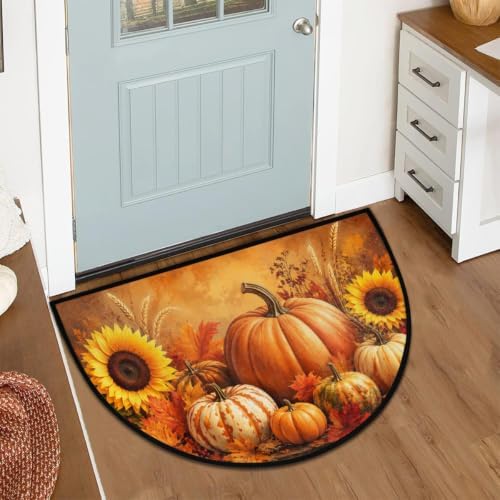 Autumn Pumpkin Half Round Door Mat Welcome Entrance Rug Outdoor Indoor